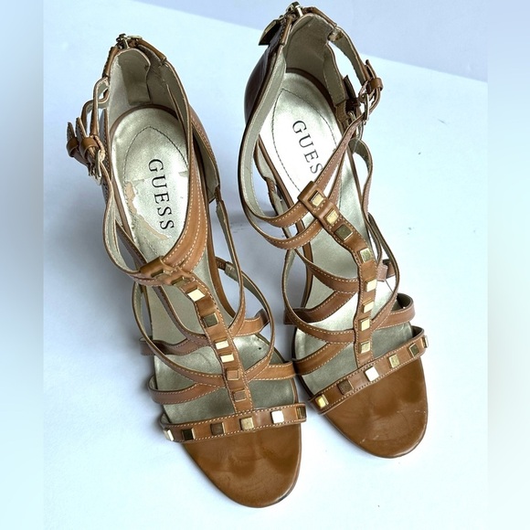 Guess Brown Leather Gold Studded Strappy 4.5” Stiletto Heels Sz 10 - Picture 2 of 9